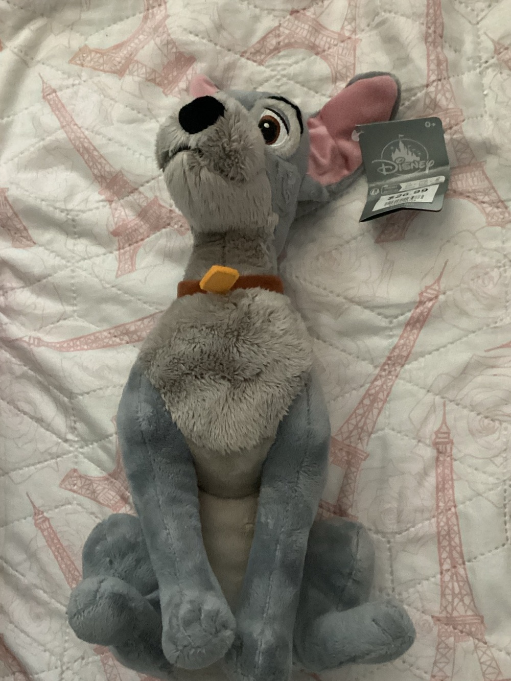 Disney Tramp Plush - Gray with Pink Inner Ears and Brown Collar